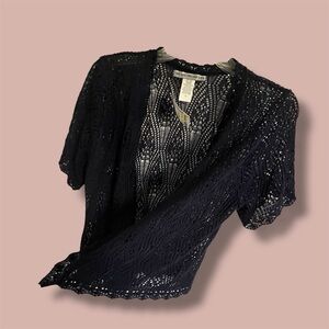 Two-One-Two New York Crocheted See-Thru Deep Navy-Blue Mini Sweater-Jacket New